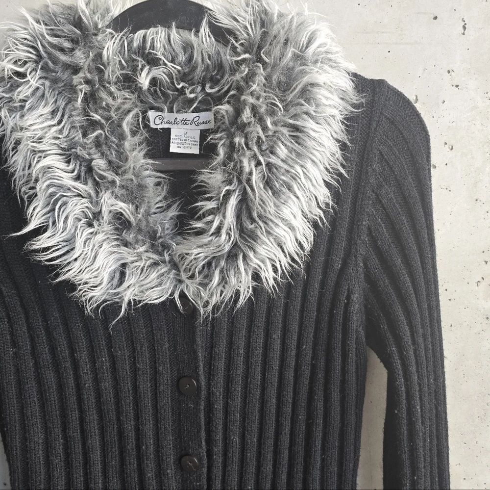 Y2k Charlotte Russe Penny Lane Faux Fur Trim Maxi Cardigan - Black (XS/S) - Picture 6 of 10